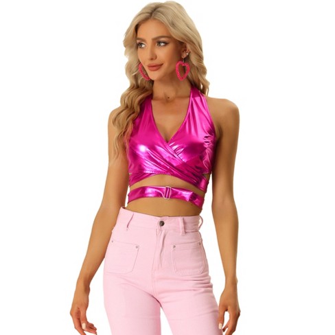 Allegra K Women's Metallic Halter Deep V Neck Backless Holographic Crop  Tops Hot Pink Large