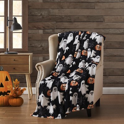 Halloween Pumpkin and Ghost Black Fleece Throw Blanket