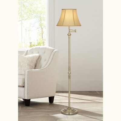 Antique Brass Adjustable Floor Lamp with Beige Fabric Shade