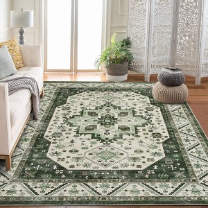Low Pile Soft Carpet,Boho Vintage Area Rug,Non Slip Washable Rug for Living Room,Machine Washable Floor Mat for Bedroom, Office, Nursery - 1 of 4