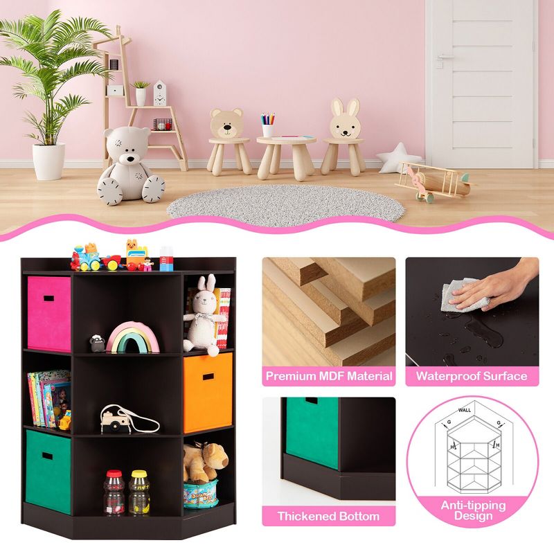 Tangkula 3-Tier Kids Storage Shelf Cubes w/3 Baskets Corner Cabinet Organizer Brown, 5 of 11