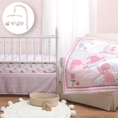 The Peanutshell Pink Elephant Crib Bedding Set And Mobile - 4 Piece Set ...