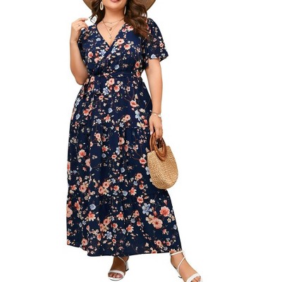 MISSKY Women Plus Size Wrap Dress High Waist Short Sleeve Ruffle Casual Summer Maxi Dresses with Belt