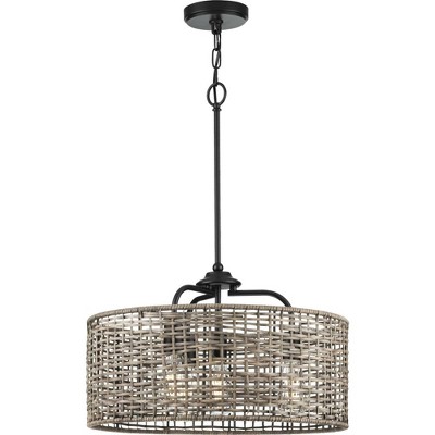 Lavelle 20.5" Matte Black Natural Rattan Drum Pendant Light