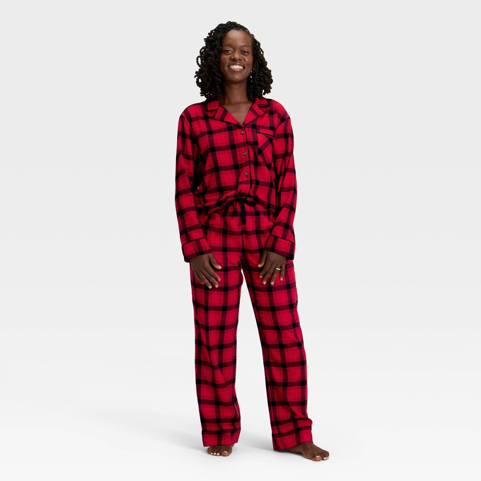 Women's Plaid Flannel Long Sleeve Shirt and Pants Holiday Matching Family Pajama Set - Wondershop™ Red/Black