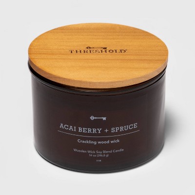 14oz Lidded Amber Glass Jar Crackling Wooden 3-Wick Acai Berry and Spruce Candle - Threshold™