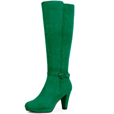 BLISSFUL STEP Low Platform Chunky Heels Buckle Knee High Boots for Women