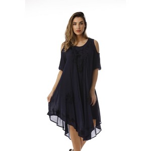 Riviera Sun Lace-Up Cold Shoulder Casual Dress with Tonal Embroidery - 1 of 4