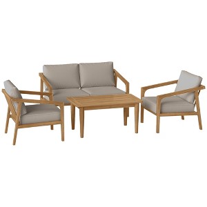 Outsunny 4 Pieces Acacia Wood Patio Furniture Set, Outdoor Sofa Conversation Set with Thickened Cushions, Slat Top Table for Backyard Garden, Teak - 1 of 4