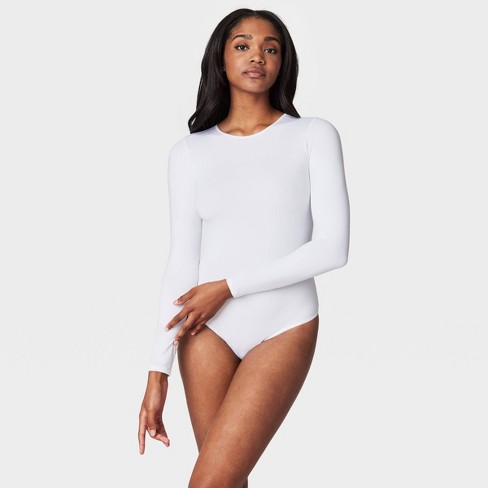 ASSETS by SPANX Women's Long Sleeve Thong Bodysuit - White M