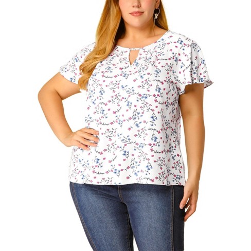 Agnes Orinda Women's Plus Size Keyhole Floral Chiffon Flared Sleeve Summer  Trendy Peasant Tops White 4X