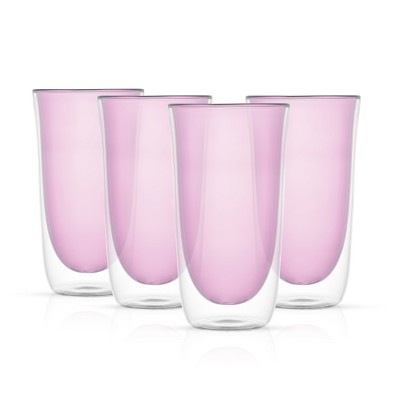 JoyJolt Spike Double Wall Glass - Set of 4 Cocktail Beer Highball Drinkware Glass -13.5-oz - Pink