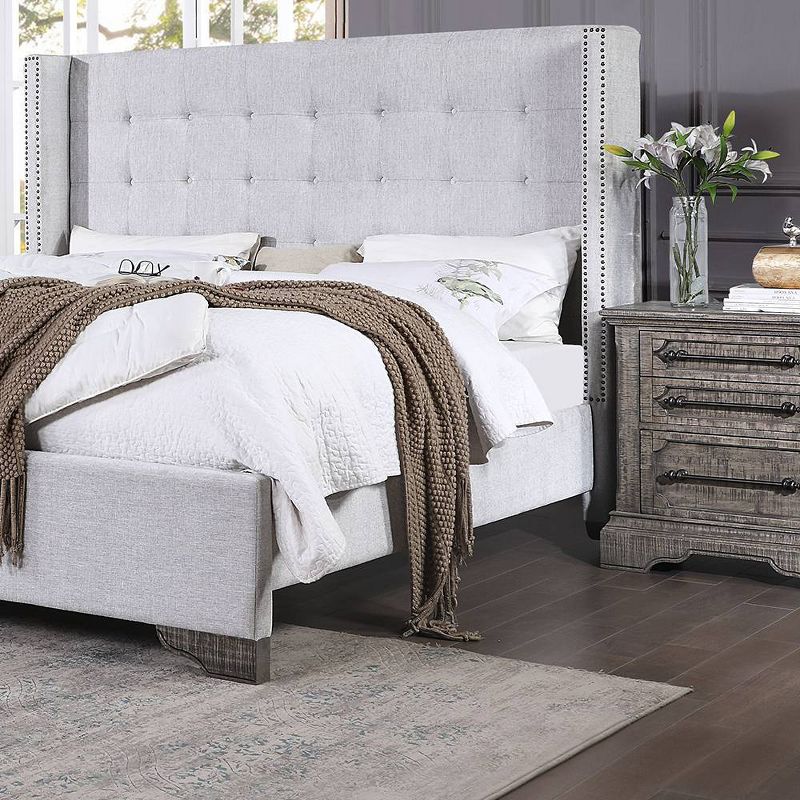 90&#34; Eastern King Bed Artesia Bed Tan Fabric and Salvaged Natural Finish - Acme Furniture, 3 of 8