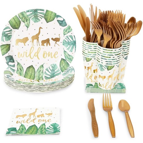 Sparkle And Bash 144 Pieces Wild One Animal Jungle Safari 1st Birthday Party Decorations Supplies Serves 24 Guests Target