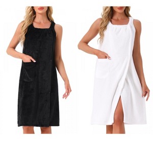INSPIRE CHIC Women's 2 Pcs Shower Wrap Wearable Button Bath Towel Robe Sleeveless Snap Dress with Pockets - 1 of 4