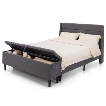 Tangkula Full Upholstered Platform Bed Frame w/ Storage Ottoman Slats Support Grey