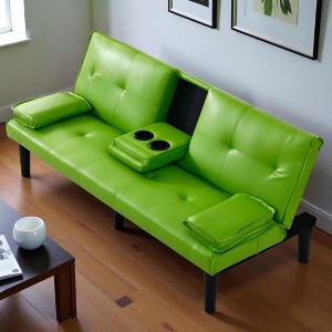 67" Convertible Sofa Bed with Foldable Backrest and Cup Holders, 2-Seater PVC Upholstered Sleeper Couch for Living Room or Office - 1 of 4