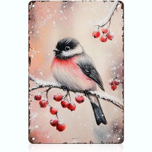 Lomsoe Winter Bird Red Berries Snowy Branch Tin Sign Watercolor Style Metal Sign for Home Wall Decor Christmas Holiday Winter Decoration 8x12inch - 1 of 1