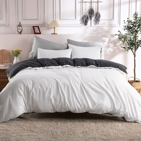 Reversible Soft Brushed Microfiber Duvet Cover Set, White/grey, Queen ...