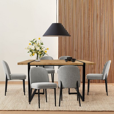 7-Piece Modern Rectangular Dining Table Set with 6 Upholstered Linen Dining Chairs, Solid Wood Table for Kitchen or Dining Room-Maison Boucle