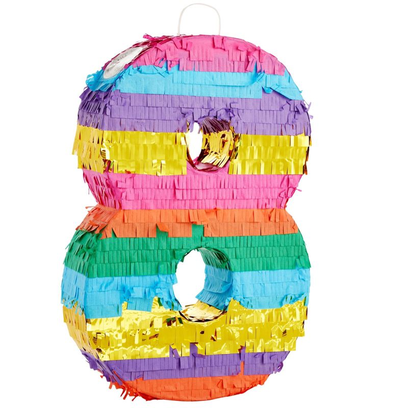 Blue Panda Striped Number 8 Rainbow Pinata for Kids 8-Year-Old Birthday Party Decorations and Supplies, Fiesta, Anniversary, Small,11.4x16.5x3 in, 1 of 9