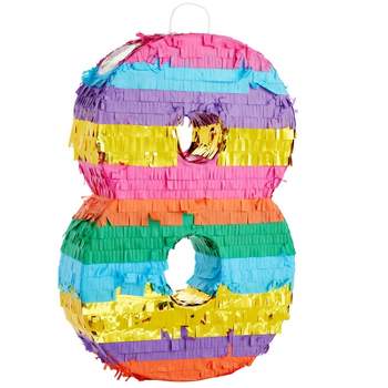 Blue Panda Striped Number 8 Rainbow Pinata for Kids 8-Year-Old Birthday Party Decorations and Supplies, Fiesta, Anniversary, Small,11.4x16.5x3 in
