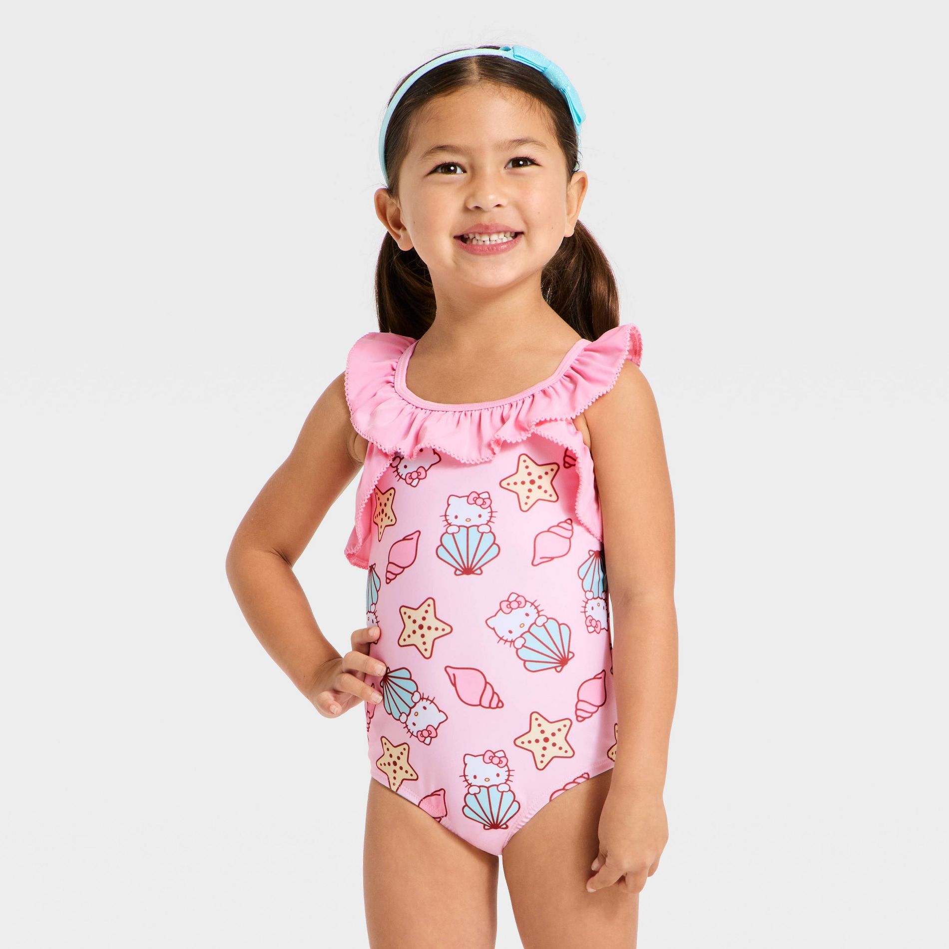 Toddler Girls' Hello Kitty Seashell Printed Ruffle One Piece Swimsuit - Pink