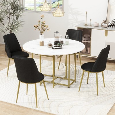 Whisen 5-Piece Space-Saving Dining Set with Extendable Round Marble Table and 4 Upholstered Chairs, Foldable Design for Small Apartments