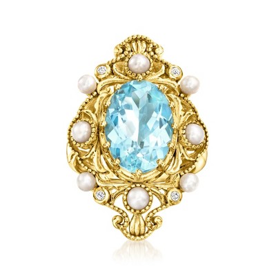 Ross-Simons 7.00 Carat Sky Blue Topaz Ring With 2.5-3.5mm Cultured Pearls and White Zircons in 18kt Gold Over Sterling
