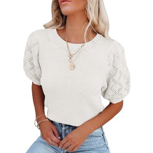 BLUEMING Sweater Tops for Women Short Sleeve Crew Neck Summer Knit Shirt Eyelet Knit Elbow Sleeve Tops - 1 of 1