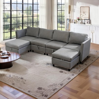 JOYRACER 100" 6 Seat Convertible U Shaped Sectional Sofa Bed with Storage Ottomans, Couch with Reversible Chaise, Sleeper Sofa for Living Room