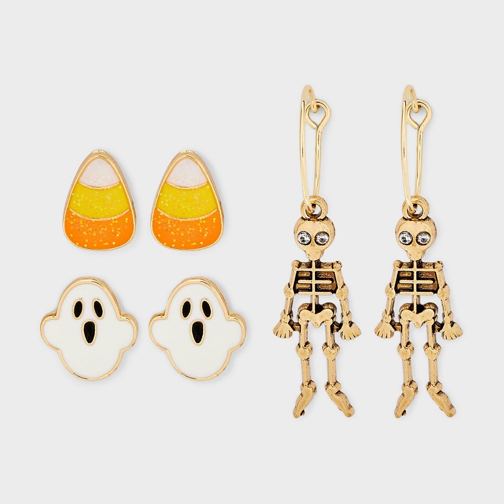 Photos - Earrings Halloween Candy Skeleton Ghost Earring Set 3pc - White/Orange/Gold