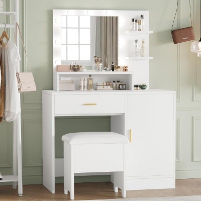 Makeup Vanity Desk with Mirror and Lights, White Vanity Desk with 5 Large Drawers, 9 LED Bulbs & Three Tiers of Open Shelves for Bedroom