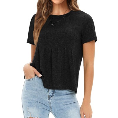 EXLURA Womens Summer Cute Crop Tops Short Sleeve Pleated T-shirts Crewneck Blouse