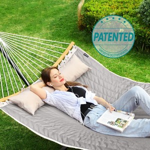 SONGMICS Hammock, Quilted Hammock with Curved Bamboo Spreaders, Pillow, 78.7 x 55.1 Inches - 1 of 4