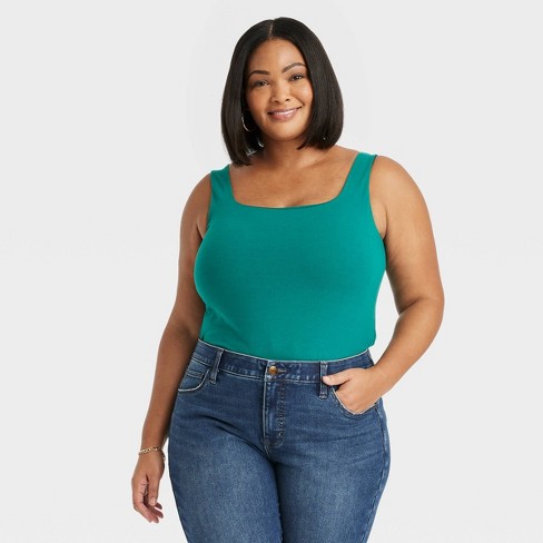 Women's Slim Fit Square Neck Built In Bra Tank Top - Ava u0026 Viv™ Teal Green  2x : Target