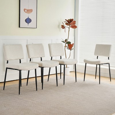 XIYUYEU Modern Beige Simple Dining Chair, Fabric Upholstered Chairs for Home, Bedroom Stool Back Dressing Chair with Black Metal Legs (Set of 4)