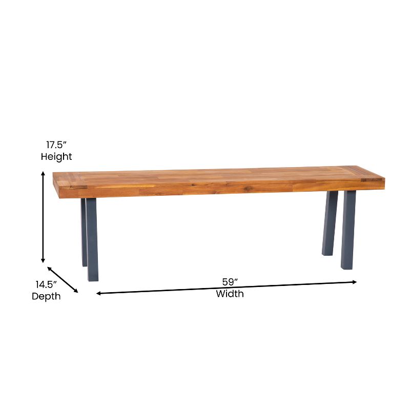Flash Furniture Martindale Solid Acacia Wood Patio Dining Bench for 2 with Slatted Top and Black Flared Wooden Legs in a Natural Finish, 6 of 12