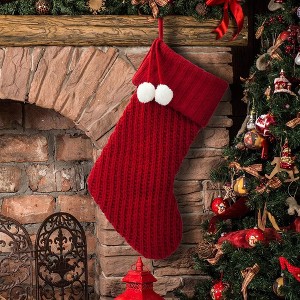 Aoibox 21 Inch Red Cable Knit Christmas Stocking Double Layer with Pompom Accent for Mantel Holiday Decor 1 Piece - 1 of 4