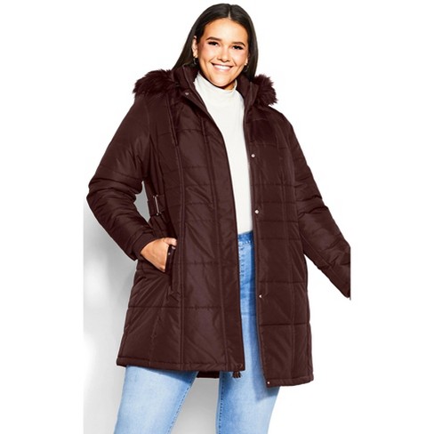 Avenue  Women's Plus Size Side Belt Puffer Coat - Wine - 30w : Target