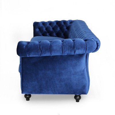 GDFStudio Kyle Upholstered 84.50" Tufted 3 Seater Sofa with Scroll Arms, Blue/Velvet