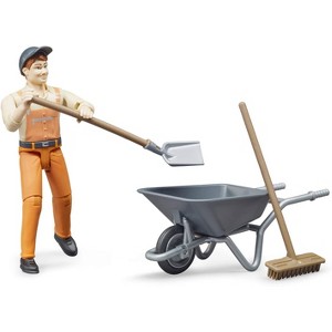 Bruder bworld Municipal Worker with Hat, Wheelbarrow, and Shovel - 1 of 4