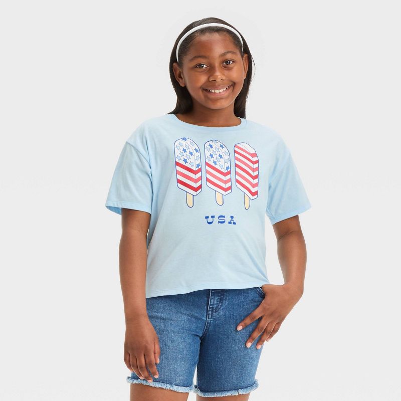 Girls&#39; USA Popsicles Boxy Short Sleeve Graphic T-Shirt - Light Blue, 1 of 4