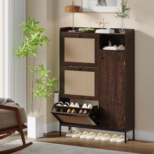Rattan Shoe Cabinet with 3 Flip Drawers, 4-Tier Shoe Storage Cabinet for Entryway - 1 of 4