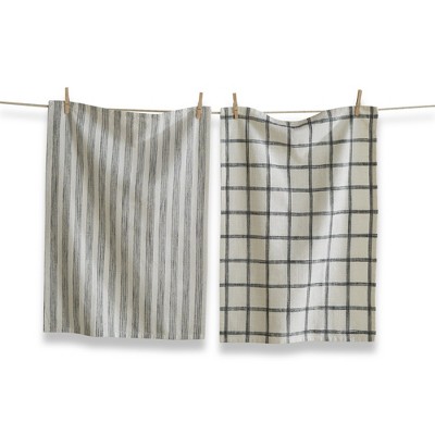 TAG Set of 2 Black Check & Stripe on Beige Background Cotton   Kitchen Dishtowels 26L x 18W in.