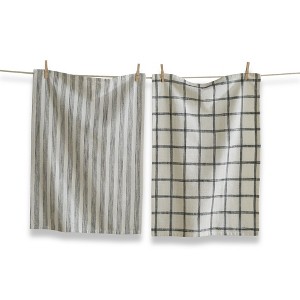 TAG Set of 2 Black Check & Stripe on Beige Background Cotton   Kitchen Dishtowels 26L x 18W in. - 1 of 3