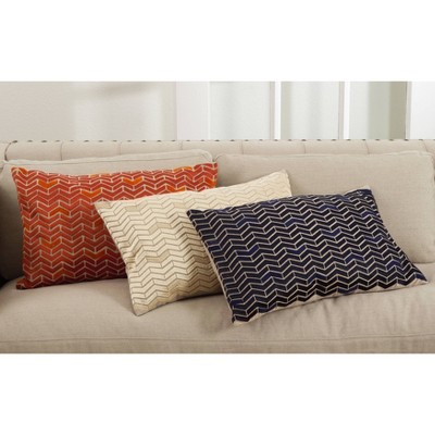 Navy Blue Chevron Cotton Lumbar Throw Pillow with Feather Fill
