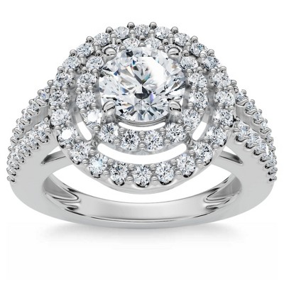 Pompeii3 1 1/2 cttw Pave Double Halo Round Brilliant Cut Engagement Ring 14K White Gold