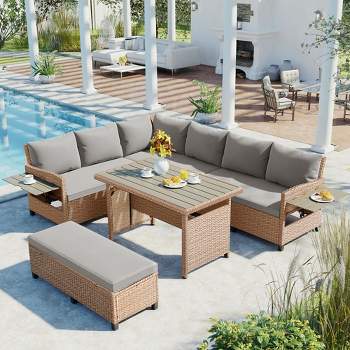 5-Piece PE Wicker L-Shaped Patio Conversation Sets with 2 Extendable Side Tables, Dining Table and Washable Covers - Maison Boucle