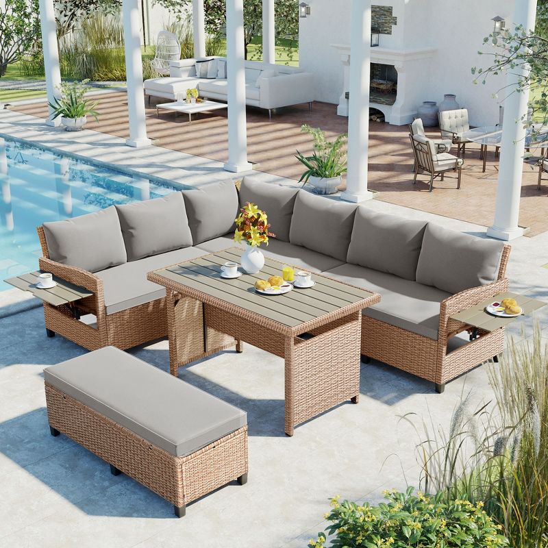 5-Piece PE Wicker L-Shaped Patio Conversation Sets with 2 Extendable Side Tables, Dining Table and Washable Covers - Maison Boucle, 1 of 10